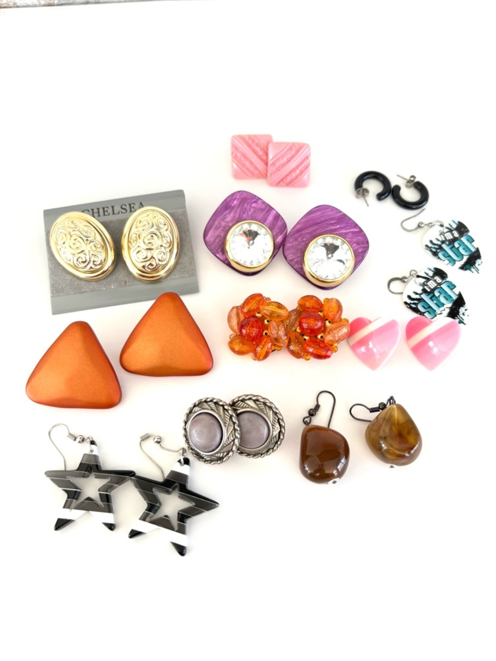 Vintage Plastic Earring Lot Clip-On and Pierced 11 Pairs Retro Classic Rock